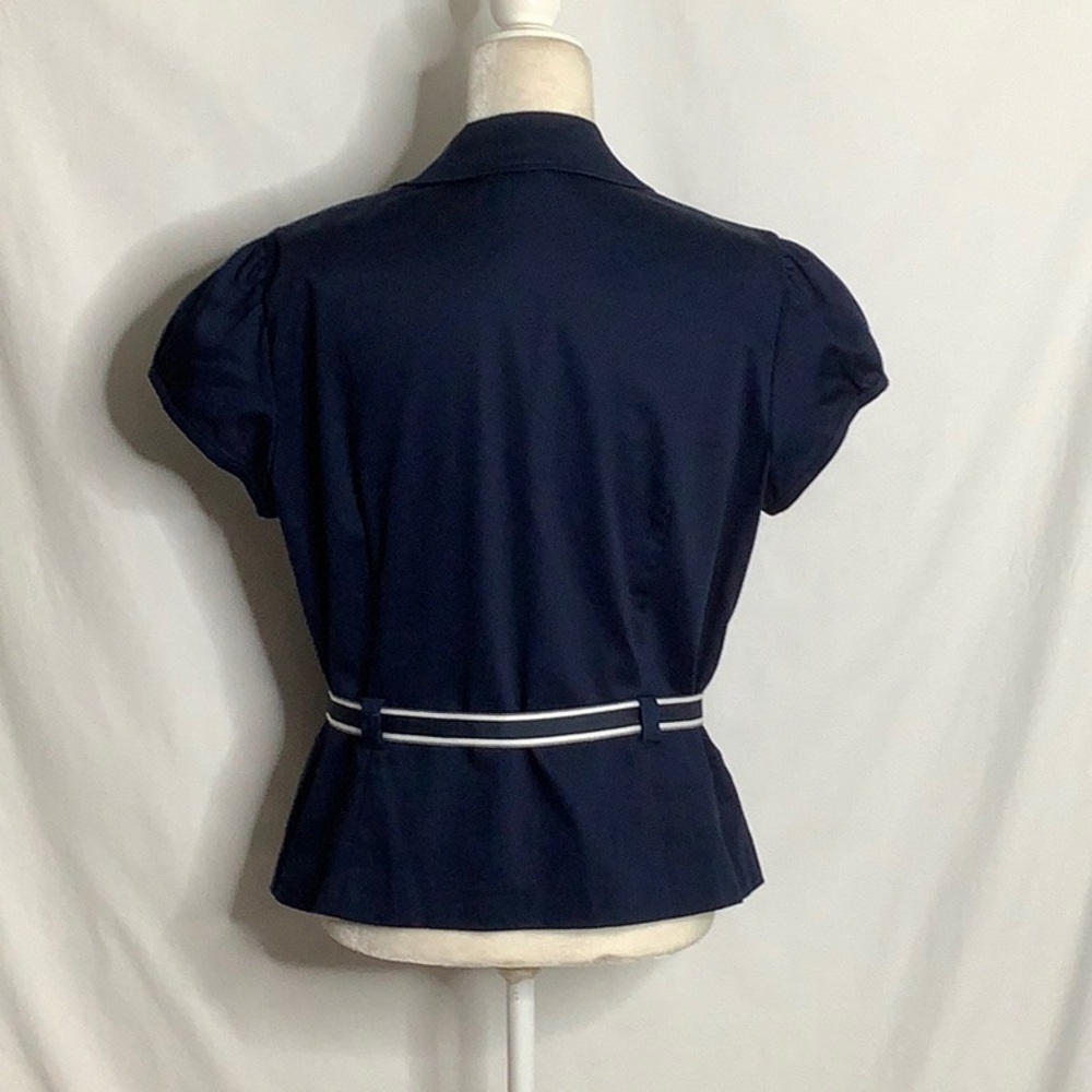 Dressbarn Navy Short Sleeve Blazer Top with Striped Belt Size 14 Career Office - Picture 15 of 16
